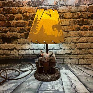 Vintage Western Heritage Lamp with Saddle and Silhouette Shade - Works!